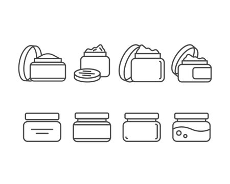 Collection vector icons of beauty, cosmetics and care. Bottle, jar, shower gel, face cream, body lotion, spray, ointment, paste.のイラスト素材