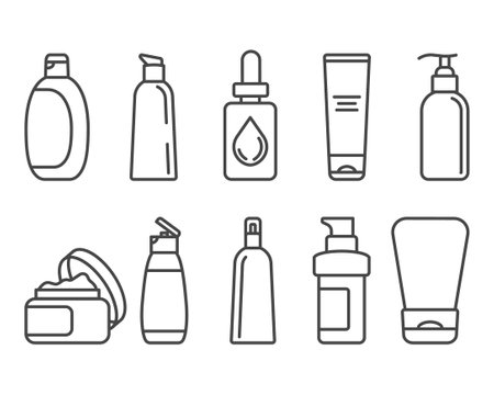 Collection vector icons of beauty, cosmetics and care. Bottle, jar, shower gel, face cream, body lotion, spray, ointment, paste.のイラスト素材