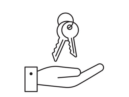 Key icon for house representation, isolated against a white background. This simple vector symbol evokes a sense of warmth and security, embodying the concept of home.のイラスト素材