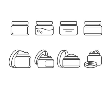 Collection vector icons of beauty, cosmetics and care. Bottle, jar, shower gel, face cream, body lotion, spray, ointment, paste.のイラスト素材