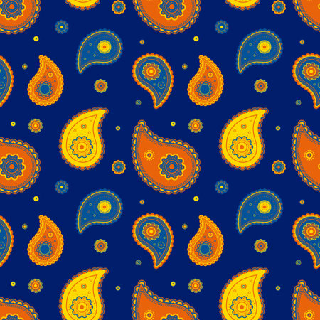 Floral pattern decor and rich buta. Decorating victorian and ethnicity asian. Swatch trendy in summer paisley. 2025 wrapping in contrast ornate.のイラスト素材