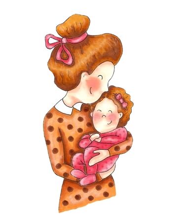 Mom and douther, family, mother love. Hand drawing.の写真素材