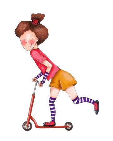 Cartoon picture with woman, girl riding. Hand drawing.の写真素材