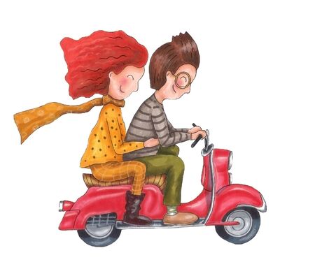 Guy and the girl are riding the scooter on whiteの写真素材