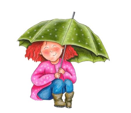 Cute girl with umbrella cartoon. Hand drawing.の写真素材