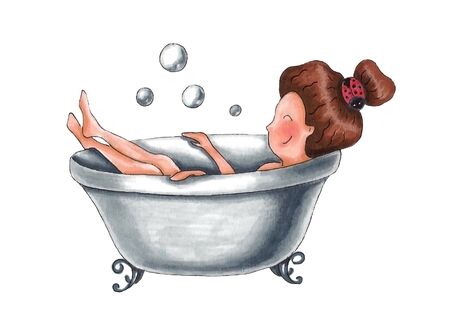 Woman relaxing in bathtub. Bath with foam isolated on background. Spa in bathroom interior. Hand drawing.の写真素材