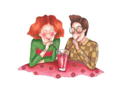 Cute romantic couple sitting at cafe table. Boyfriend and girlfriend drinking juice and talking. Hand drawing.の写真素材