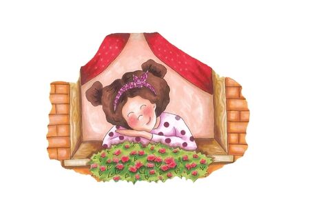 Front view of the little girl, who looks through the window to the flowers, hand drawing.の写真素材