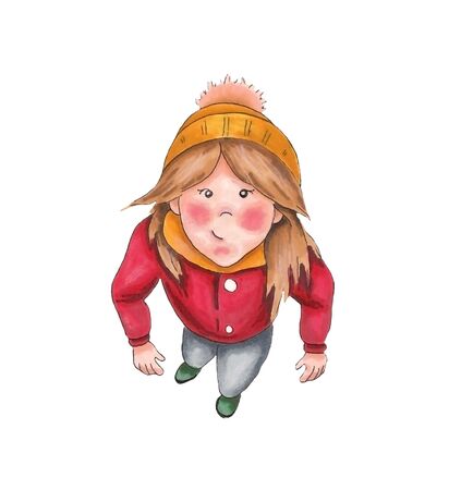 Cute Cartoon girl in a hat, hand drawingの写真素材