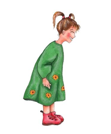 Little smiling ginger girl in a green dressの写真素材