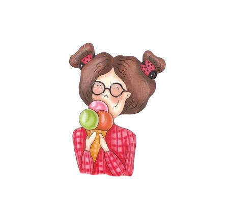 Cute girl with ice cream, hand drawingの写真素材