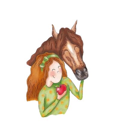 The girl feeds a horse with an apple, hand drawingの写真素材