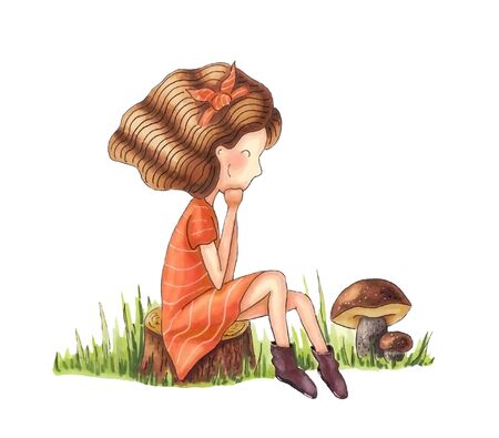 Cute girl sit on stump and look at big mushroom, hand drawing.の写真素材
