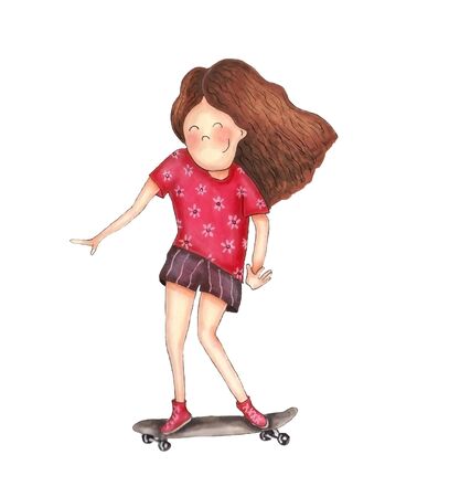 Girl riding on a skateboard, hand drawing.の写真素材
