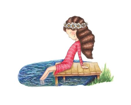 Girl sitting on the dock, feet in the water. Hand drawing.の写真素材