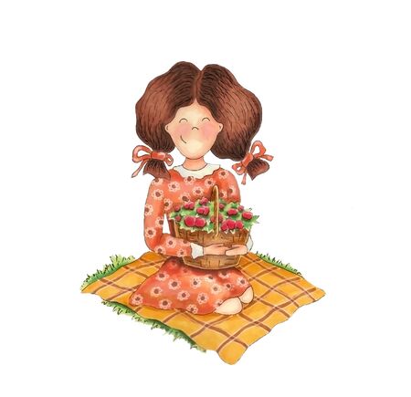 Girl sits and holds a basket with flowers, hand drawing.の写真素材