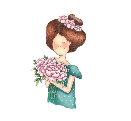 Girl holding bouquet of peonies. Hand drawn.の写真素材