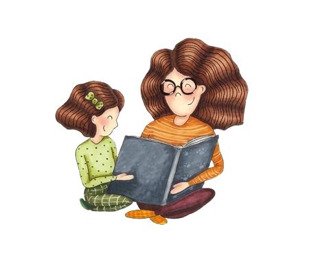 Young mother reading book with daughter, hand drawing.の写真素材