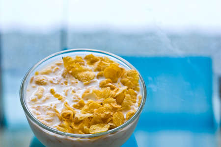 morning meals for children by milk and cornの写真素材