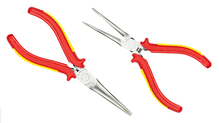 Top view of long nose pliers isolated on white background for construction, industrial, electrician concept design.の写真素材