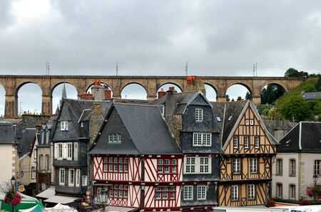 View of Morlaix in Brittany with railway viaductの写真素材