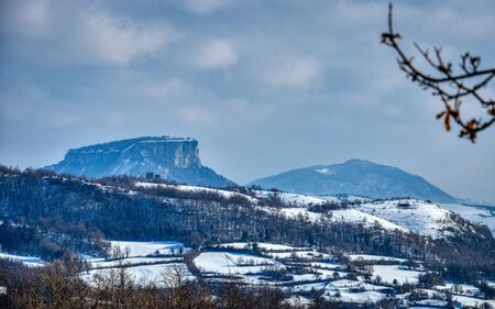 The Pietra di Bismantova on a winter morningの写真素材