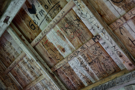 The inside of the roof of a small wooden hut where every passing person has put his writing perhaps in mindful of a nice holidayの写真素材