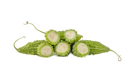 view of Organic Bitter melon isolated on white background.の写真素材