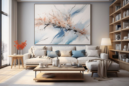 Modern living room interior with sofa and coffee table. Mock up, 3D Renderingの素材