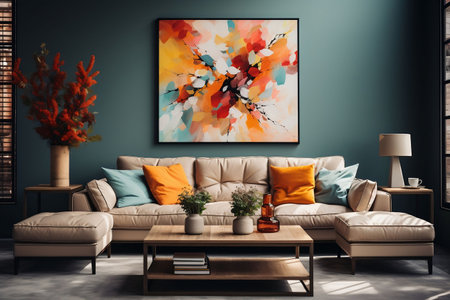 Modern living room interior with sofa, coffee table and paintings on the wall. 3D Renderingの素材