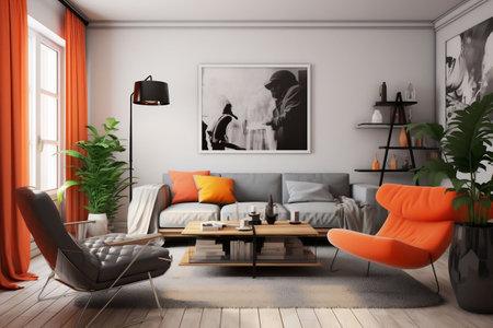 Interior of modern living room with orange sofa. 3d renderの素材