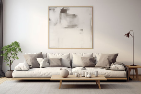 Interior of modern living room with white sofa, coffee table and poster. 3d renderの素材