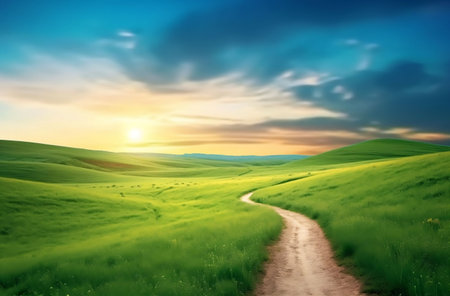 Beautiful landscape with meadow and road at sunset. Nature composition.の素材