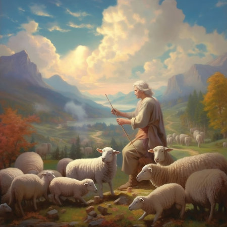 Fairytale scene with a shepherd and flock of sheep in the mountainsの素材