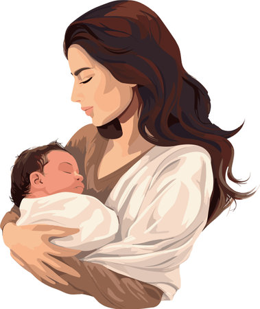 Illustration of a mother holding her newborn baby in her arms.のイラスト素材