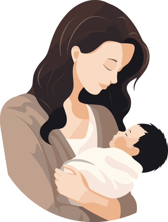 Illustration of a mother holding her newborn baby on a white backgroundのイラスト素材