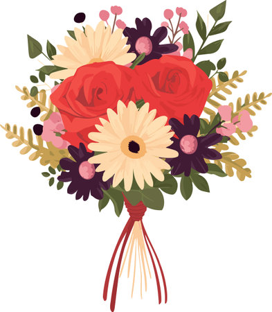Bouquet of red roses and gerberas. Vector illustrationのイラスト素材