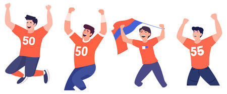 Happy soccer fans, football fans with flags and banners, vector illustration.のイラスト素材