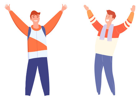 Happy young man with raised hands. Happy male character. Vector illustrationのイラスト素材