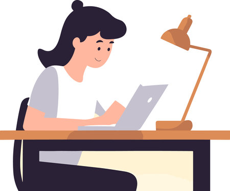 Vector illustration of a young woman sitting at the desk and working on laptopのイラスト素材