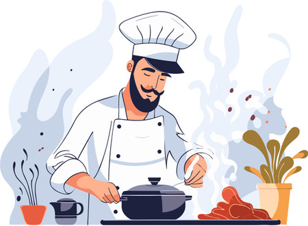 Chef cooking food in kitchen. Vector illustration in flat cartoon styleのイラスト素材