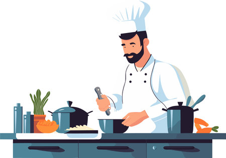 Chef preparing food in the kitchen. Vector illustration in flat styleのイラスト素材