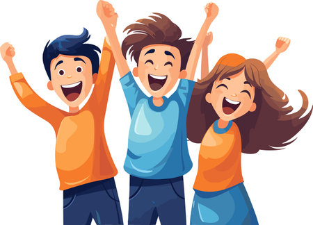 Group of happy boys and girls rejoicing together. Vector illustration.のイラスト素材