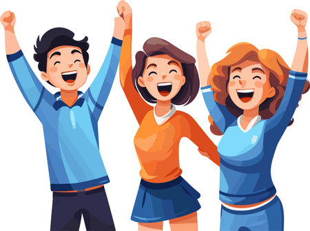 Cheerful kids cartoon characters. Happy boys and girls rejoicing, raising hands up, laughing. Vector illustrationのイラスト素材
