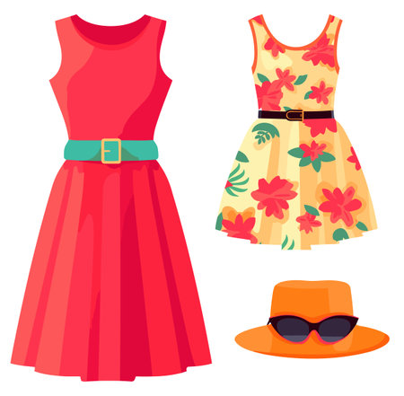 Women's clothing set. Dress, hat, sunglasses. Vector illustrationのイラスト素材