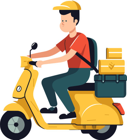 Illustration of a delivery man riding a scooter with boxes on itのイラスト素材