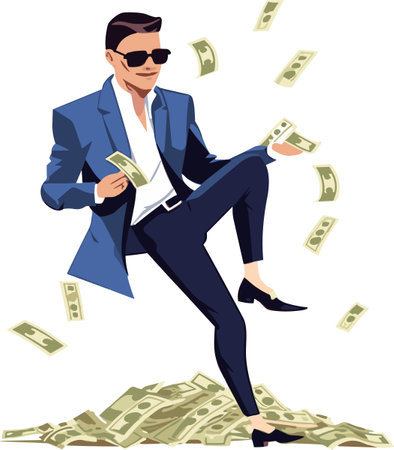 Vector illustration of a rich man in a blue suit and sunglasses with money.のイラスト素材