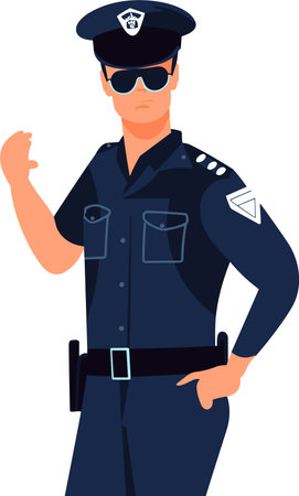 Illustration of a Police Officer Wearing a Police Uniform Pointing to Somethingのイラスト素材