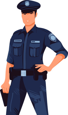 Illustration of a police officer standing with arms akimbo facing front set on isolated white background done in cartoon style.のイラスト素材