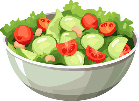 Illustration of a Bowl of Green Salad with Tomatoes and Mushroomsのイラスト素材